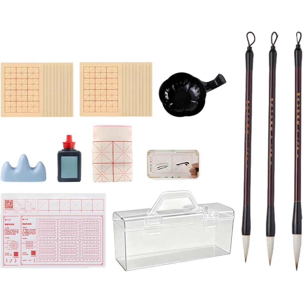 15 Peças de Materiais de Caligrafia Chinesa para Iniciantes: Tinta, Pincéis, Panos para Escrita com Água, Tapete, Prato