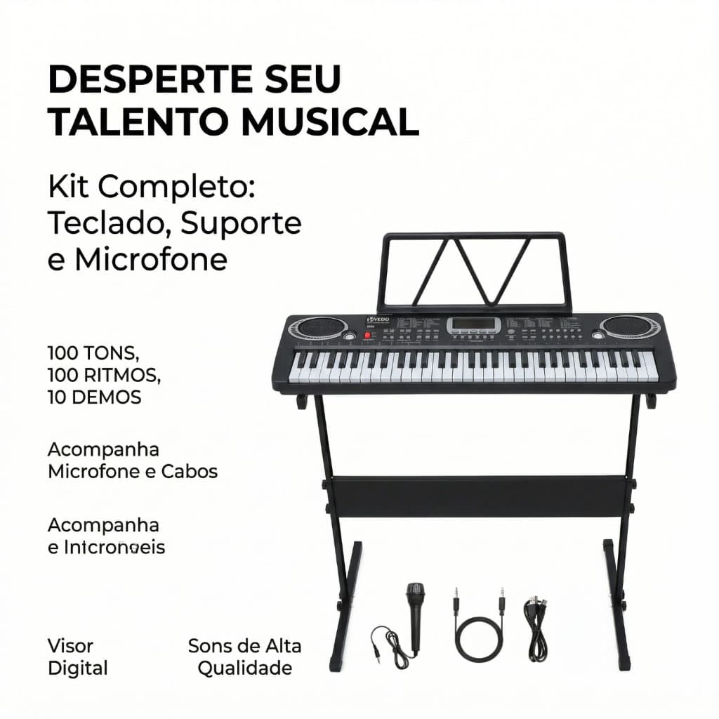 Piano digital VEDO de 61 teclas, kit de teclado de piano elétrico, 100 timbres, 100 ritmos — inclui suporte para piano,