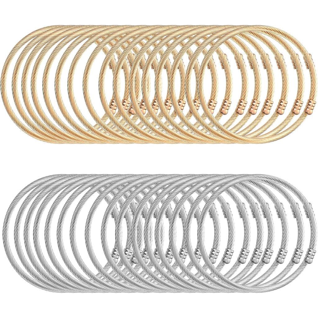 32 Peças de Pulseiras de Cabo Torcido Elegantes e Finas em Aço Inoxidável, Braceletes Abertos de 3mm de Espessura, Ajust