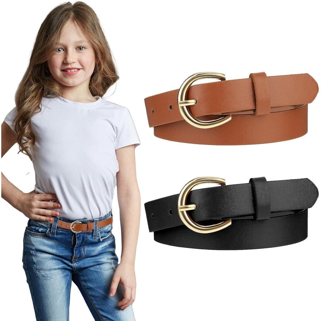 2 Cintos para Meninas de 32,3" em Couro Elástico, Cintos Finos e Confortáveis com Fivela de Duplo Anel em O (Preto/Casta