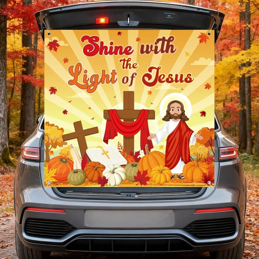 Decoração de Carro para Halloween Trunk or Treat, Abóbora de Outono Cristã, Folha de Bordo para Cenário de Jesus, Faixa