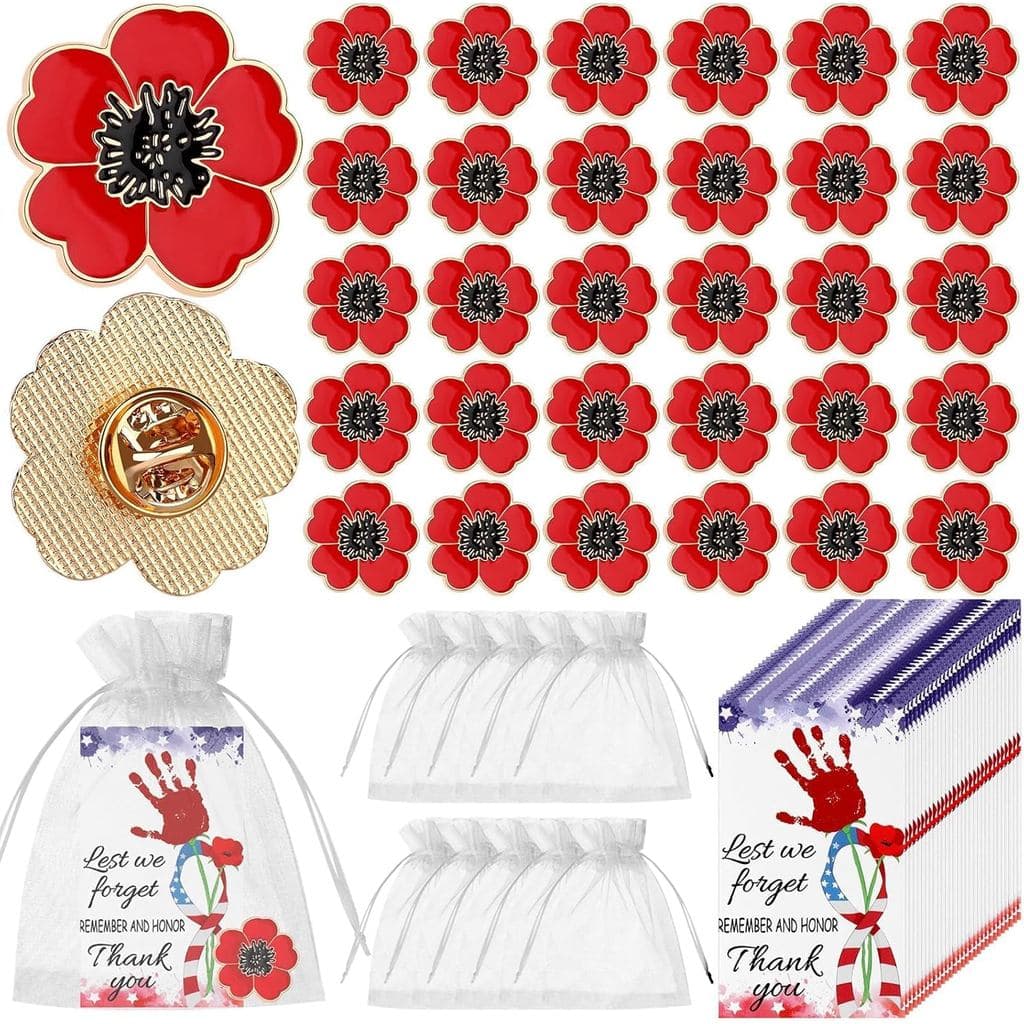 30 Conjuntos de Broches de Lapela com Flores de Papoula para o Dia da Memória, Cartão de Agradecimento, Saco de Organza,