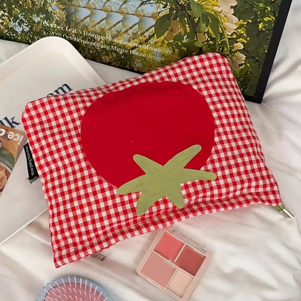 Bonito Vermelho Xadrez Tomate-Padrão Saco De Maquiagem Grande Capacidade Bolsa Portátil Z1u0