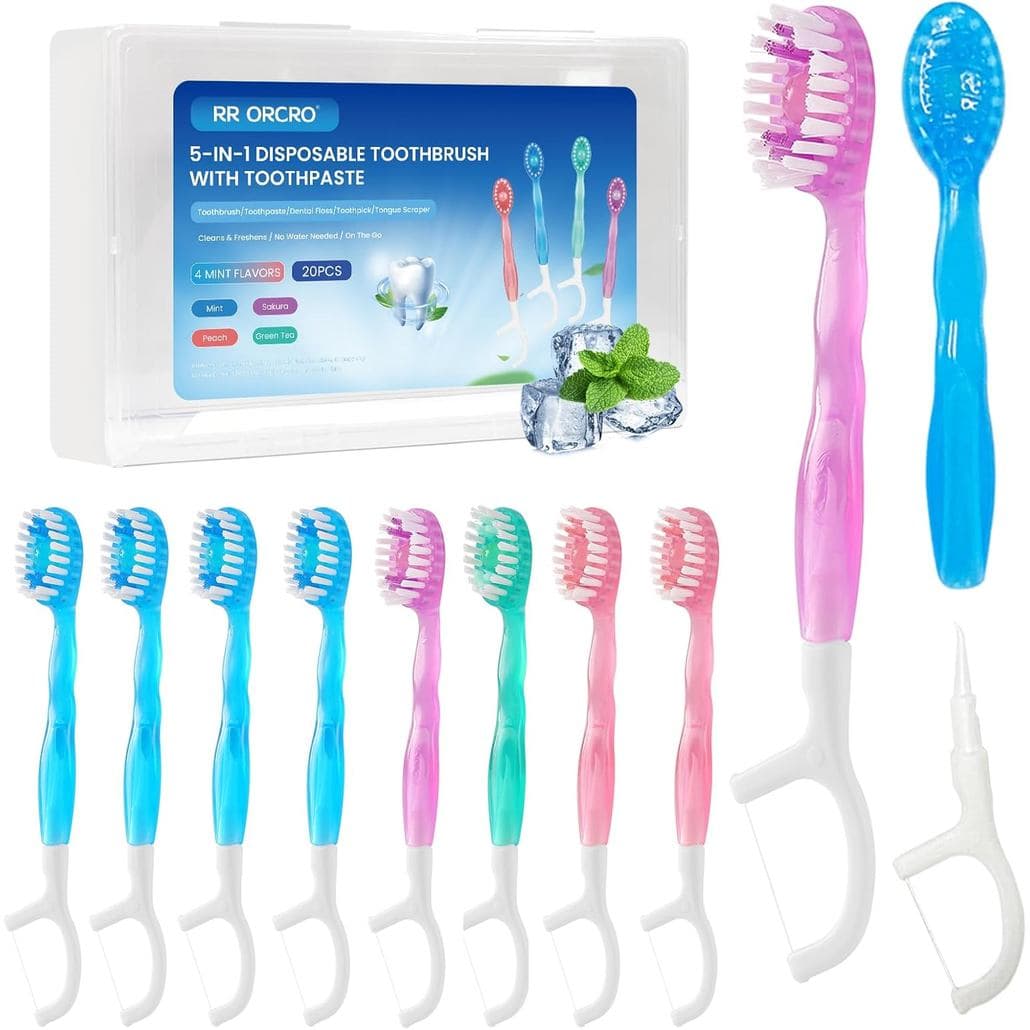 Conjunto de 20 Escovas de Dente Descartáveis Mini 5 em 1 Portáteis Pré-Pastadas para Viagem com Pasta de Dente + Raspado