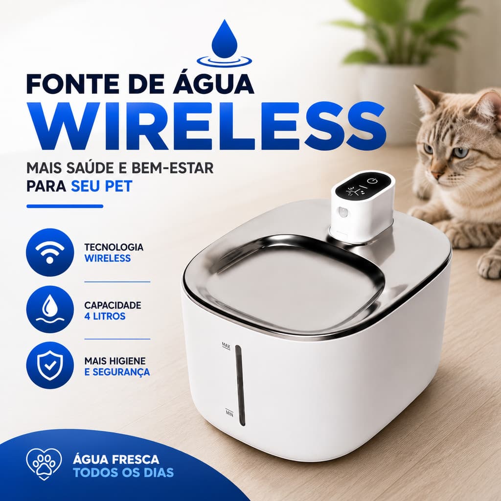 Fonte de Água para Gatos Inox Flow Wireless 4L com Filtro Bebedouro para Gato Automático Sem Fio