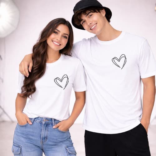 Camisa Camiseta Combo 2 Unidades Kit Casal Coração Combinando Amigos Namorados Ficantes Combinando Algodão Premium