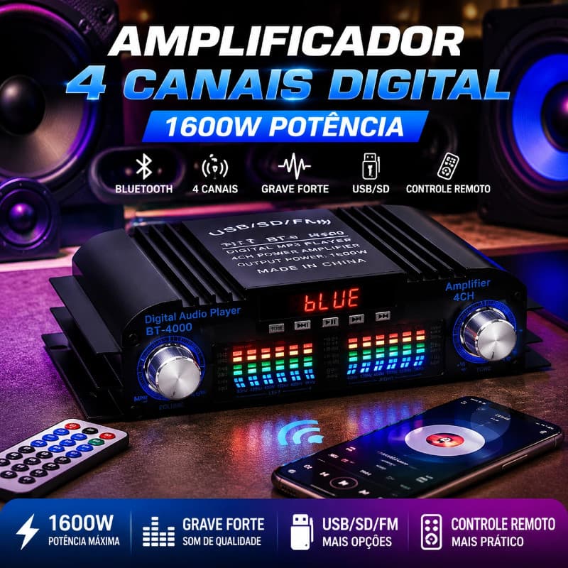 Amplificador 4 Canais Digital 1600W Potencia Bluetooth Som Automotivo E Residencial