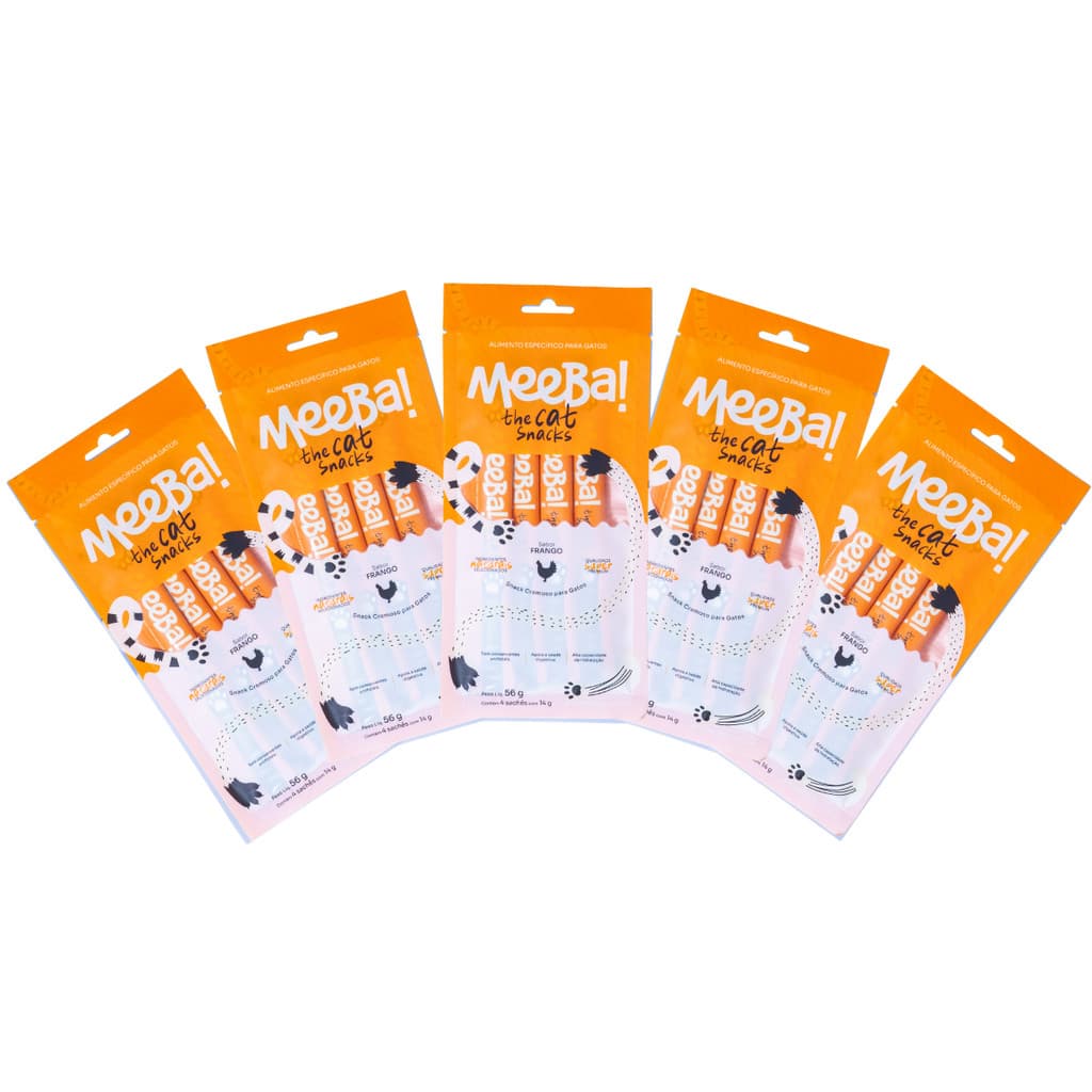 Kit 5 Petisco Úmido para Gatos Hidratação Snack Natural Patê Frango 20 Sachê 14g Meeba