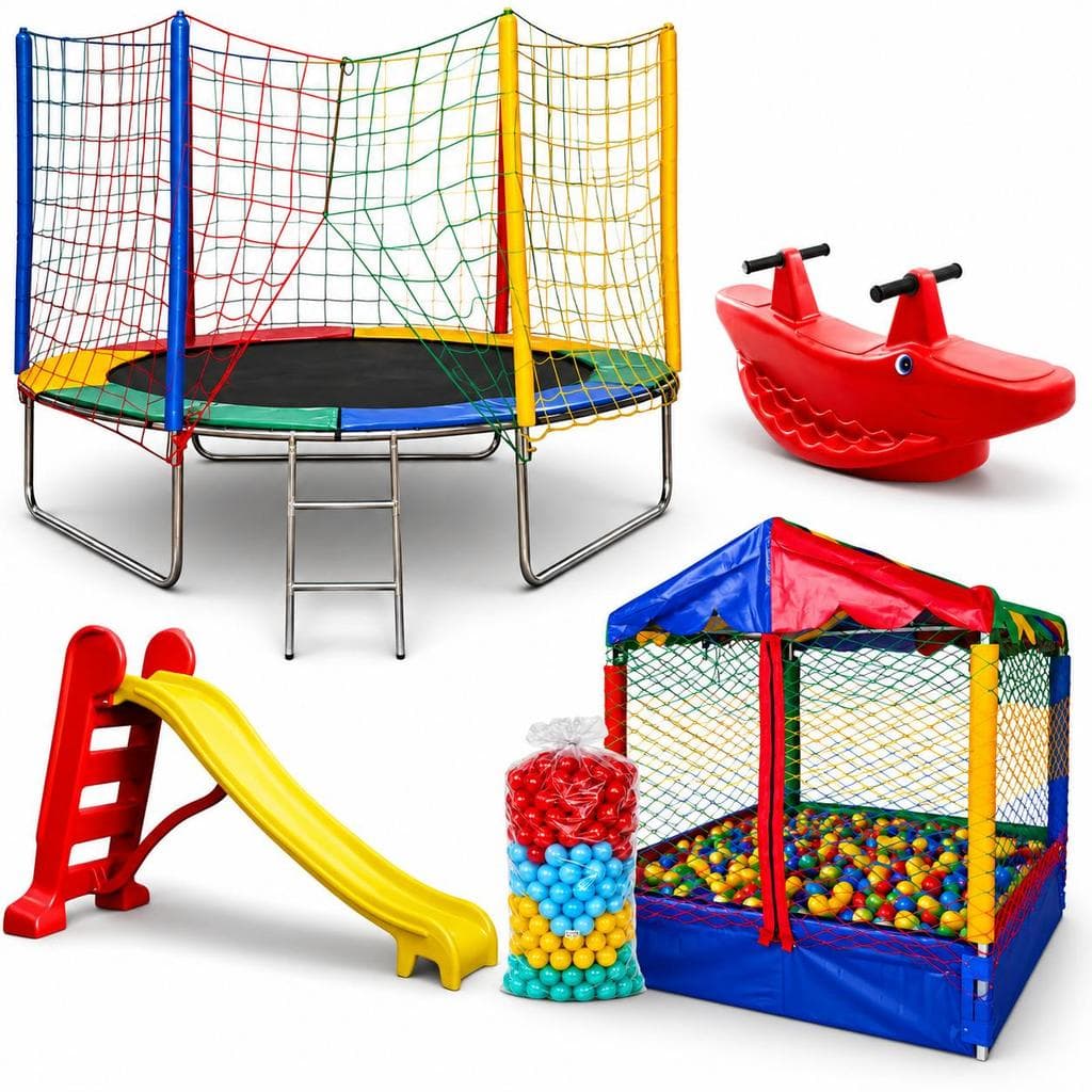 Cama Elástica 2,44m Piscina de Bolinhas 1,00m 500 Bolinhas Coloridas Escorregador Médio 3 Degraus Gangorra 2 Lugares