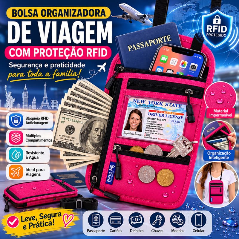 Carteira De Viagem Com Pescoço E Porta-passaporte Familiar Bolsa Organizadora de Viagem com Proteção RFID