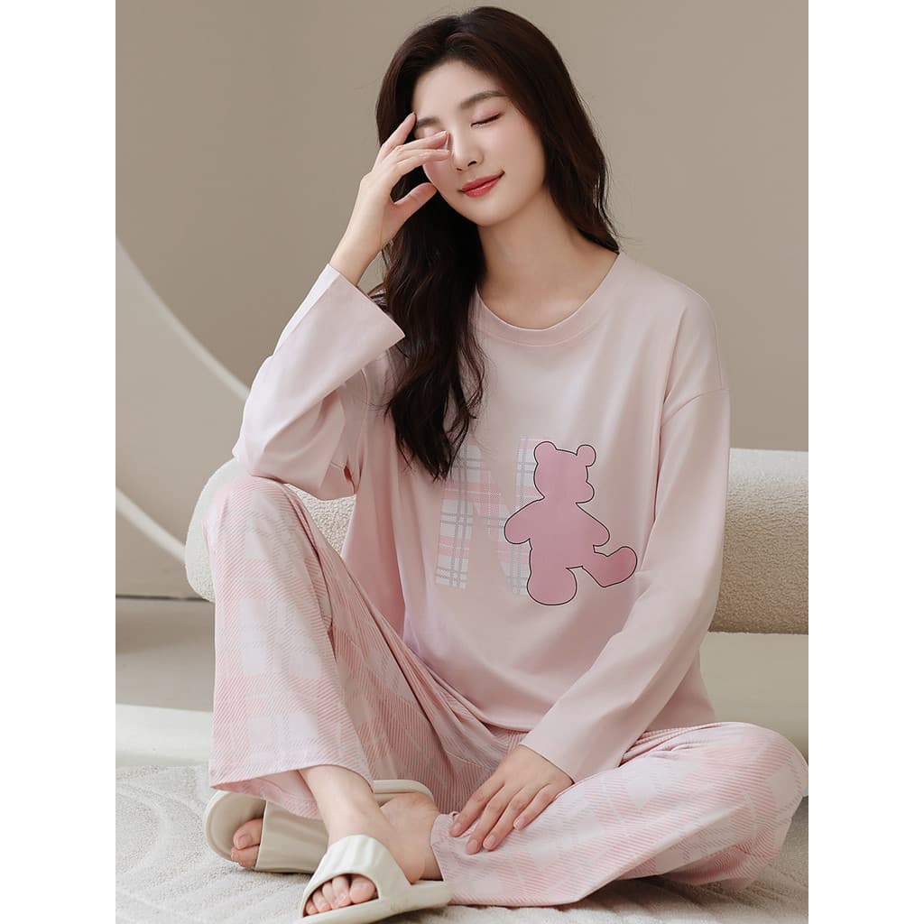 Primavera outono pijamas de manga comprida senhoras Plus Size primavera outono bonito puro algodão Homewear terno de dua
