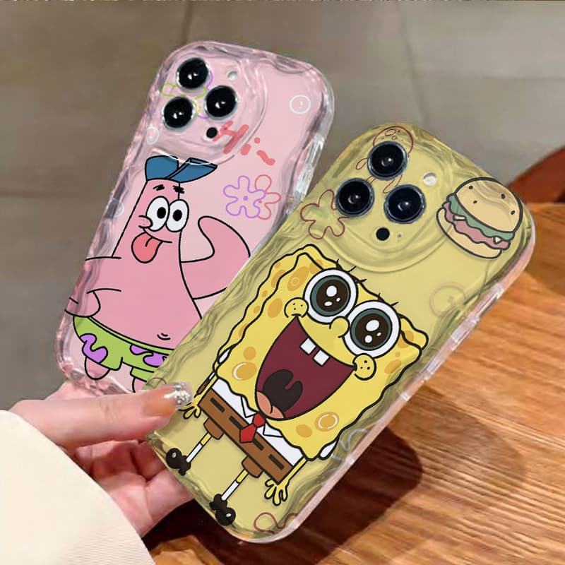 Estilo creme Capinha para iPhone 17/16/15/14/13/12 Pro Max Capa de celular de silicone macio para casal do Bob Esponja