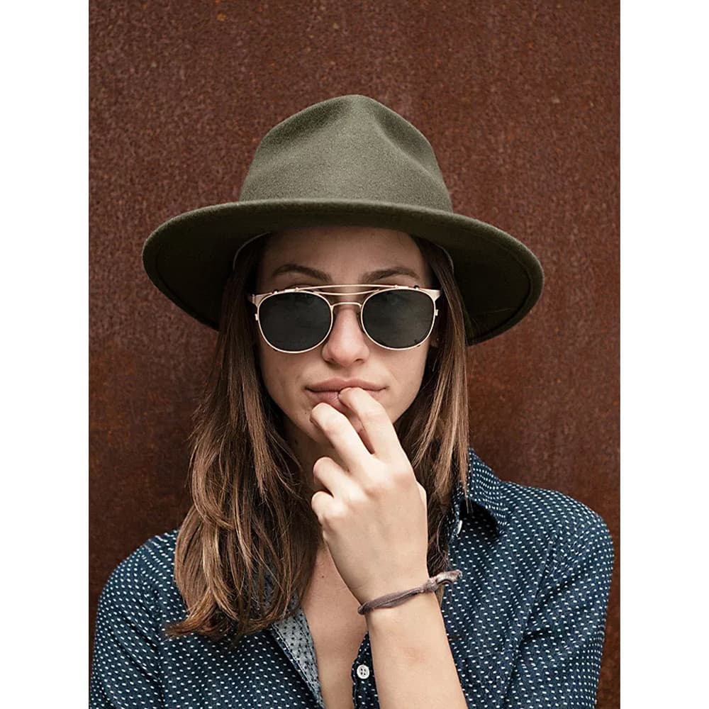 Moda feminina chapéu britânico Retro clássico chapéu superior aba grande côncavo topo panamá chapéu de lã verde oliva ch