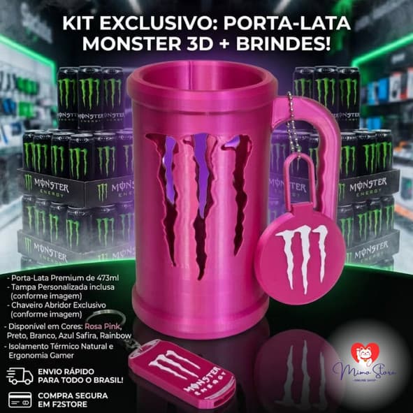Porta Lata Monster 473ml 3D + Kit Tampa E Chaveiro Abridor