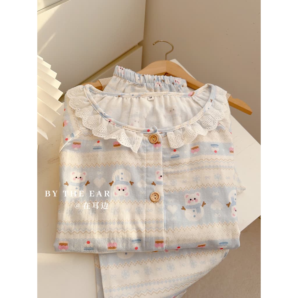 Urso macio e fofo bebê | Algodão fio duplo bonito renda puro algodão pijamas feminino calças de manga comprida Homewear