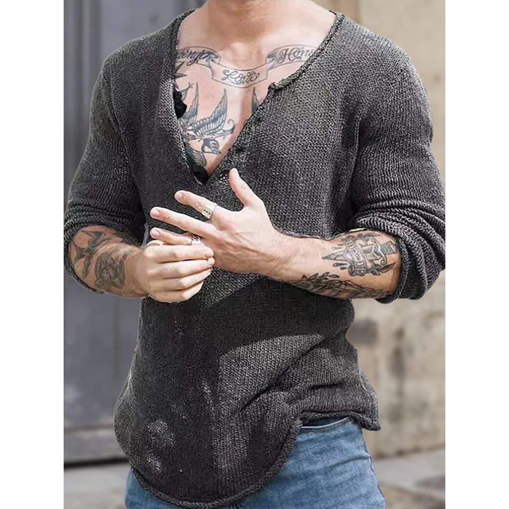 2026 outono novo estilo de manga comprida com decote em v camisola de malha masculina Retro fino-ajuste com decote em v