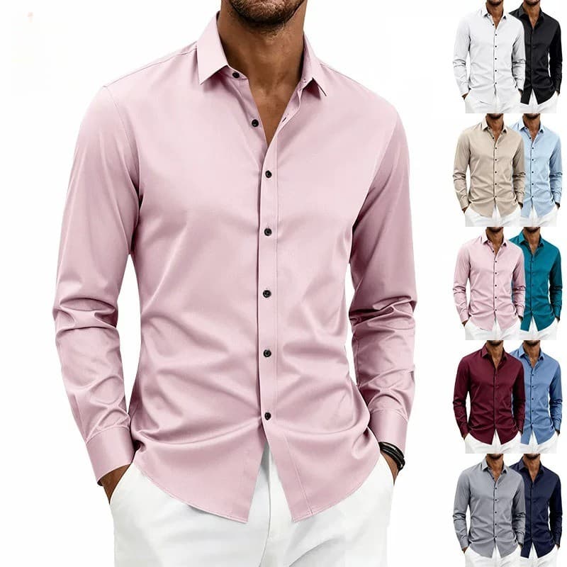 Camisa masculina europeia americana elástica sem ferro de manga comprida, algodão de seda legal, estiramento de quatro l