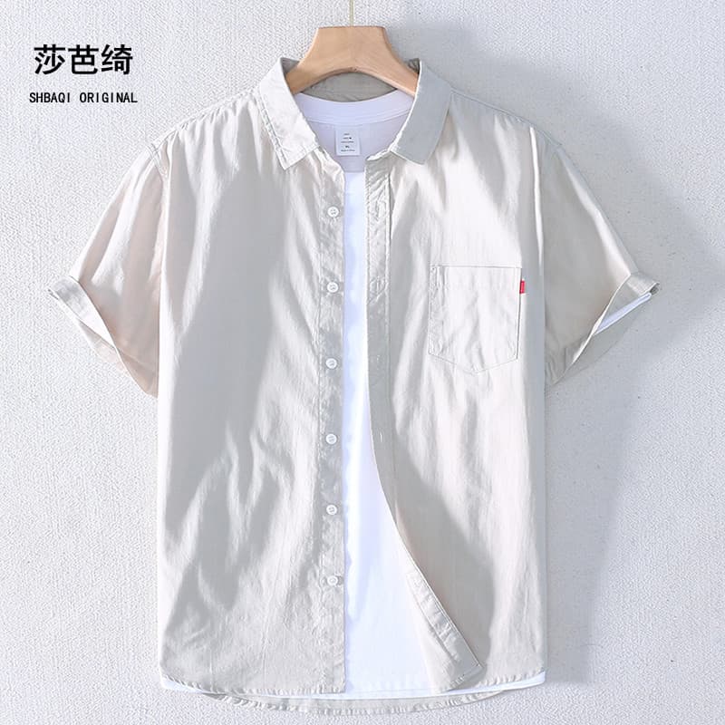 Verão fino solto Casual americano puro algodão camisa de manga curta lapela masculina High-End preto branco meia manga c