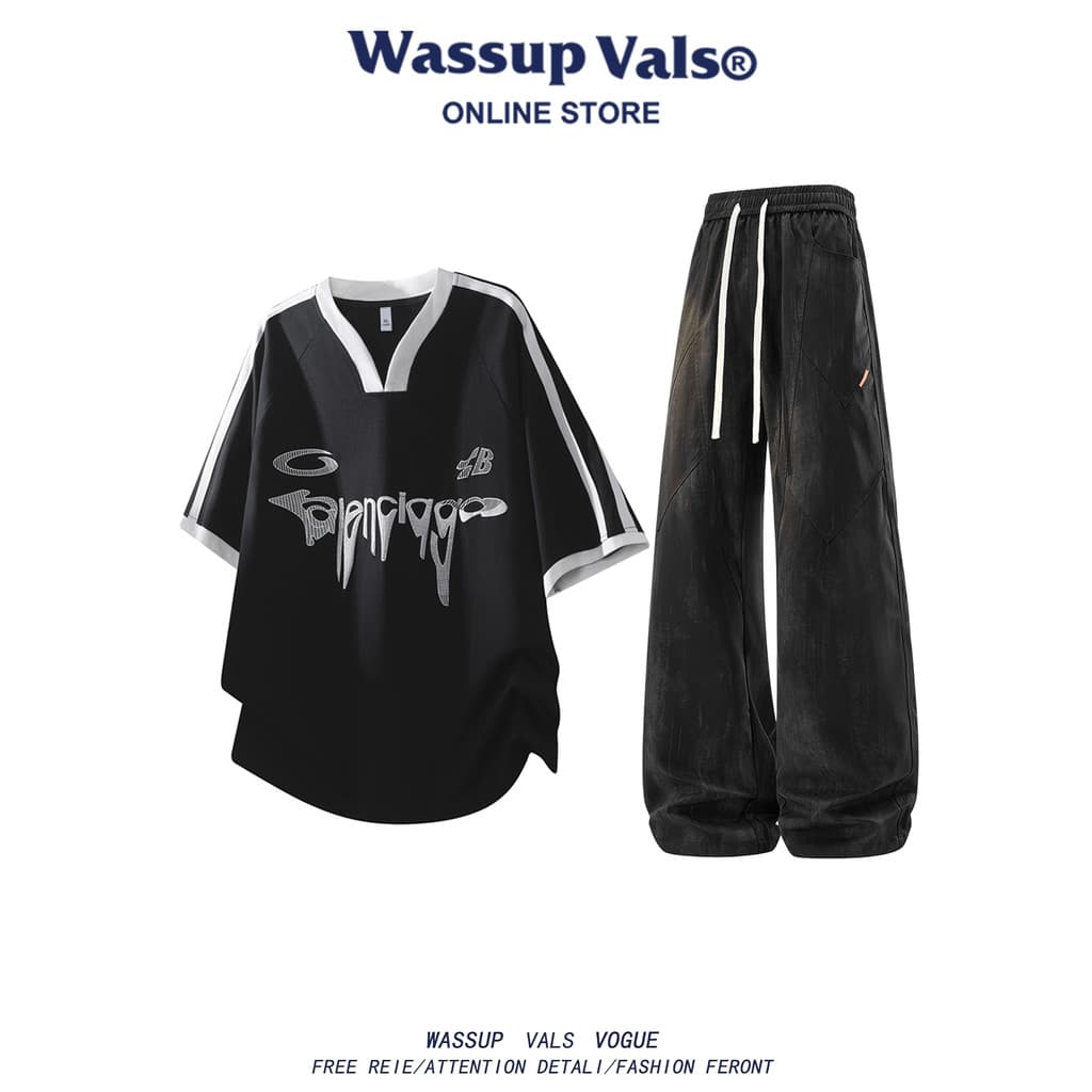 WASSUP VLAS Street Wear Design Feeling Contraste Costura Camiseta de manga curta masculina verão Casual respirável terno