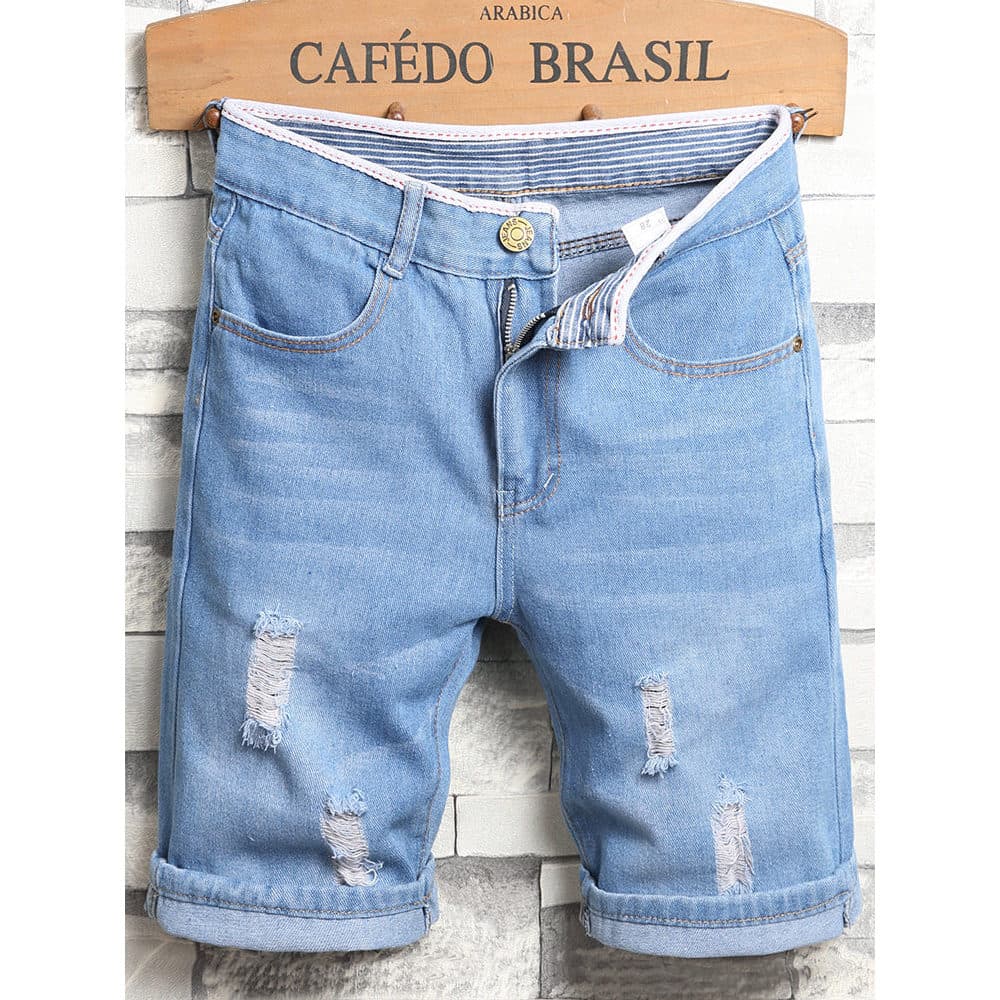 2026 novo estilo Shorts jeans masculinos verão estilo fino calças de cinco pontos cor clara rasgado Street Wear calças c