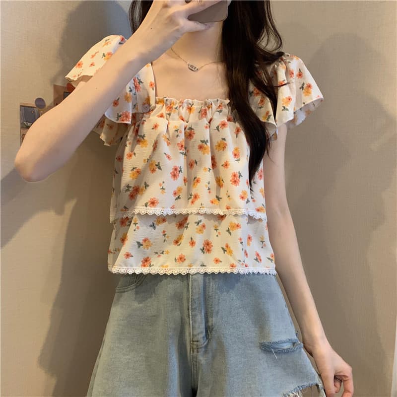 Pequeno nicho Floral camisa francesa feminina verão versão coreana mangas voadoras estilo doce fresco estilo curto pesco