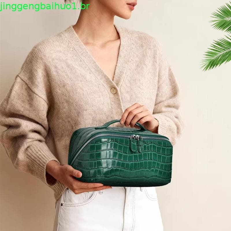 Bolsa De Maquiagem Com Padrão De Crocodilo Brilhante , Organizador Cosmético De Couro PU De Grande Capacidade Alça , Por