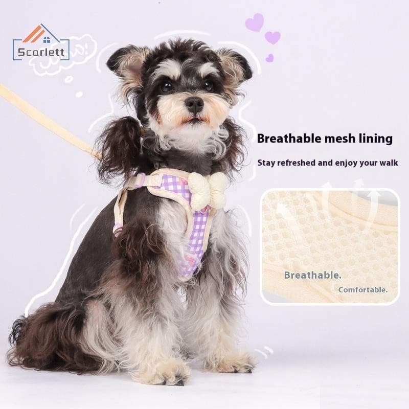 [Scarlett] Arnês Para Cães Com Gravata Borboleta Xadrez Fofa Coleiras Anti-Tração Colete Ajustável Animais De Estimação