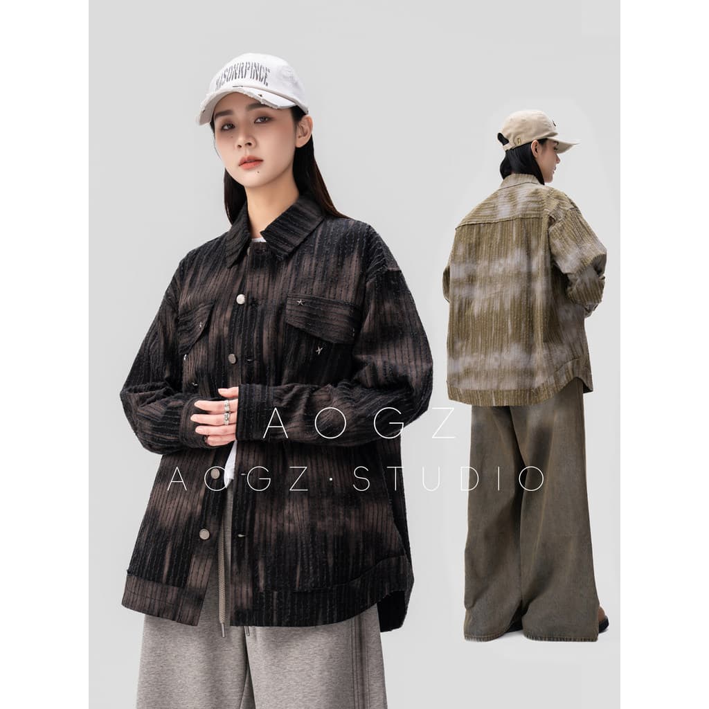 AOGZ Design Infecção Tie-Dye Camisa Homens Mulheres Primavera Outono Tendência All-Match Bolso Duplo Lapela Camisa Tresp