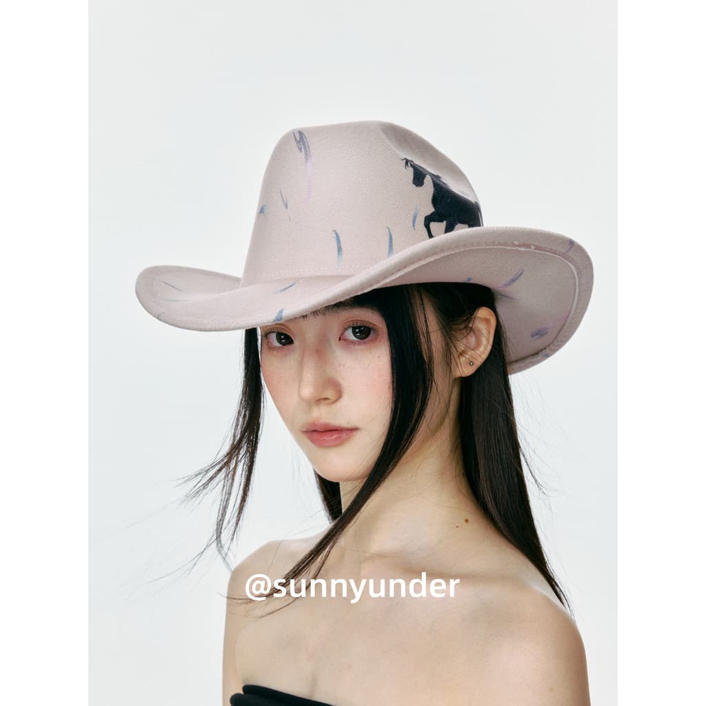 Moda impressa ocidental Cowboy chapéu feminino panamá Jazz chapéu imitação de lã primavera outono inverno Retro férias c