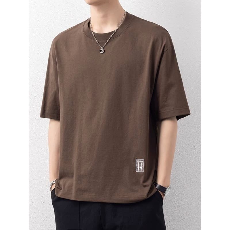 Manga curta masculina verão solto simples pesado algodão em torno do pescoço camiseta meninos na moda All-Match Casual m