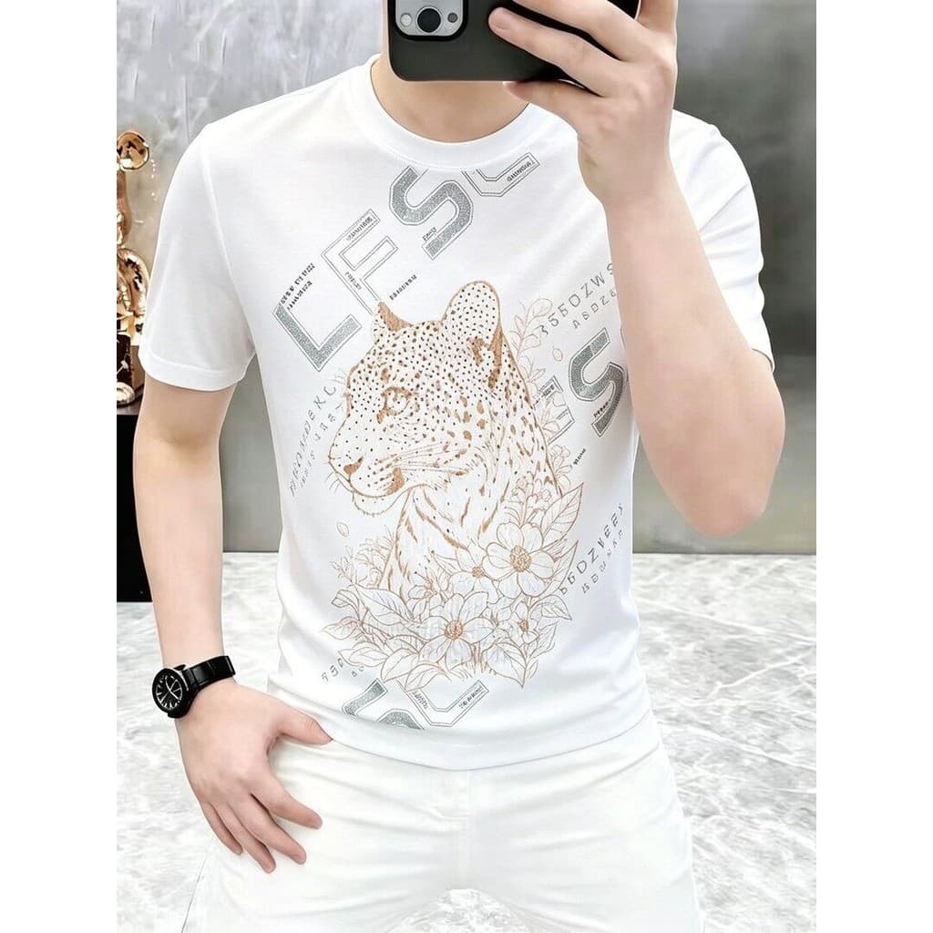 Camiseta masculina de manga curta de seda gelada com diamante quente de alta qualidade verão novo estilo leve luxo gola
