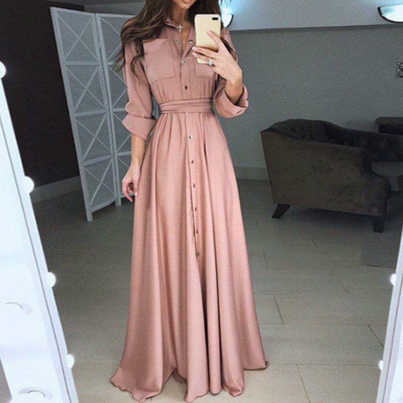 Mulheres Outono Camisa Estilo Manga Comprida Casual Solto Maxi Vestido