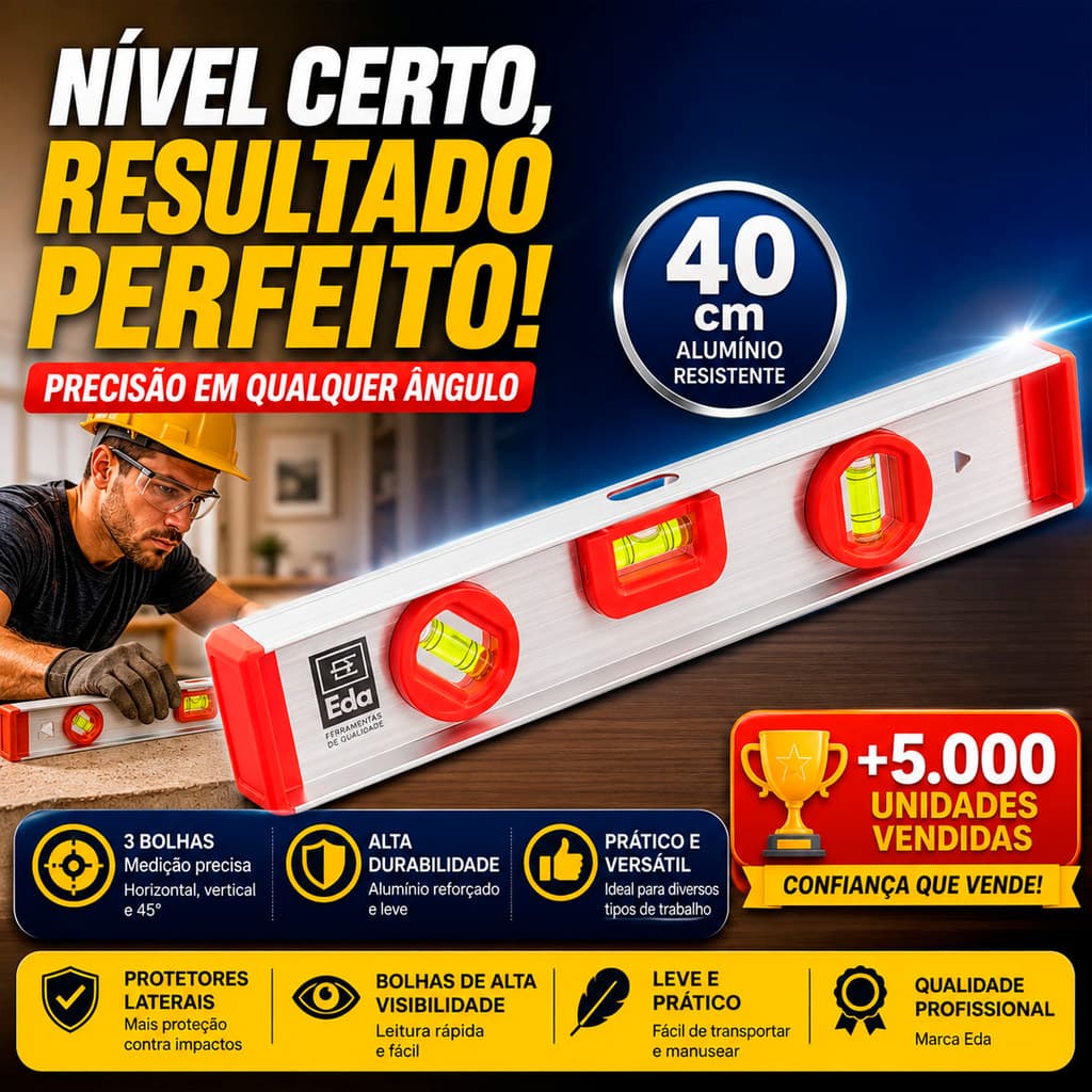 Nível Manual EDA 40cm 3 Bolhas Para Alinhamento Nivelamento Perfeito Obras Reformas