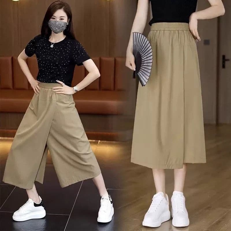 Saia Nuo Shi culottes verão 2025 novo estilo solto fino cintura alta mais magro olhar calças dividir Casual culottes
