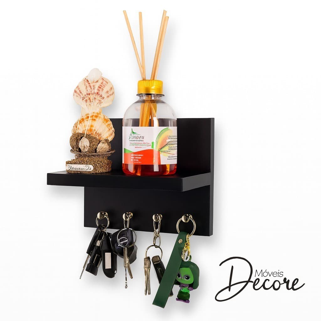 Porta Chave Decorativo De Parede e Organizador Com Prateleira Em MDF preto