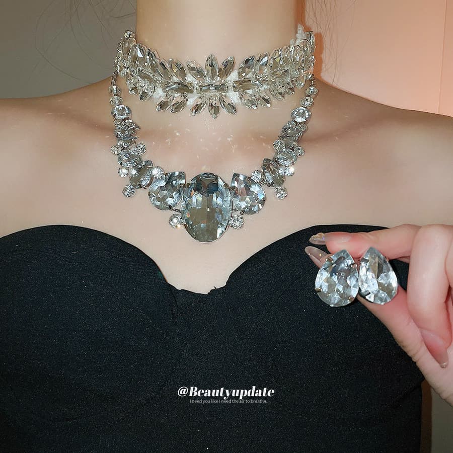 Europeu americano Cross-Border diamante-incrustado gota de água brincos colar nicho na moda All-Match conjunto de jóias
