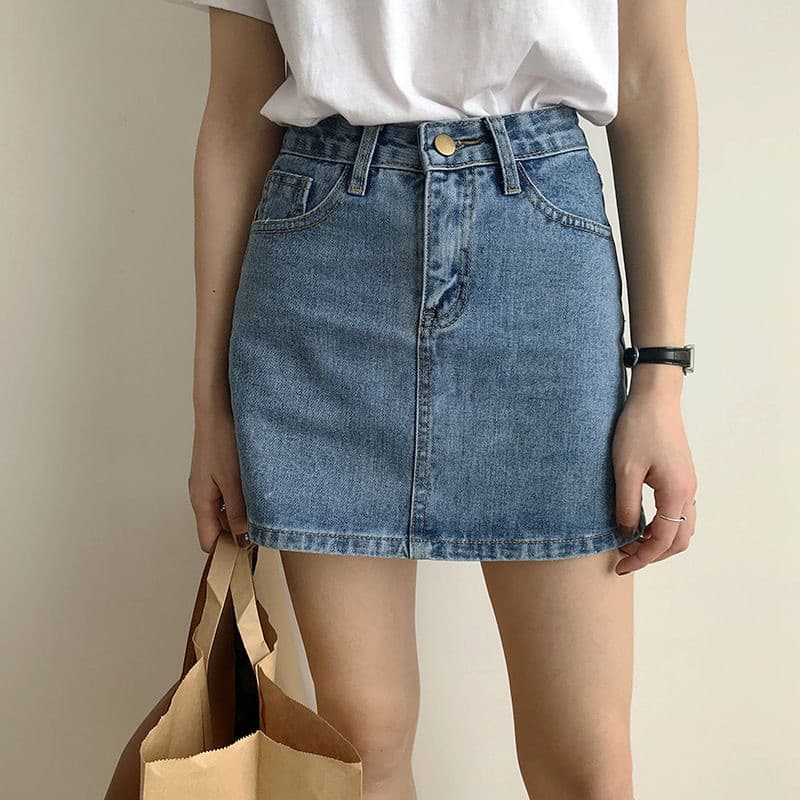 Saia Jeans Simples Com Nádegas De Cintura Alta