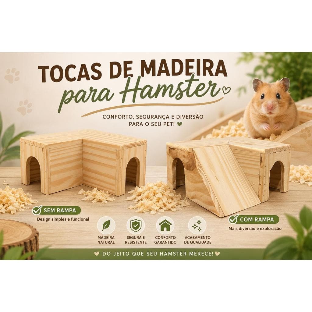 Casinha Toca Hamster Madeira Natural 20x20cm Com Rampa Ou Sem