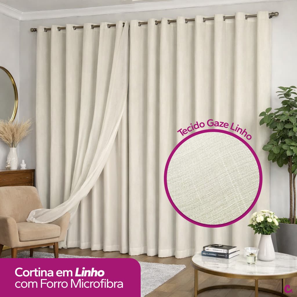 Cortina Voil Gaze De Linho 6,00 x 2,40/ 2,50/ 2,60/ 2,70/ 2,80 C/Forro de Microfibra Varão