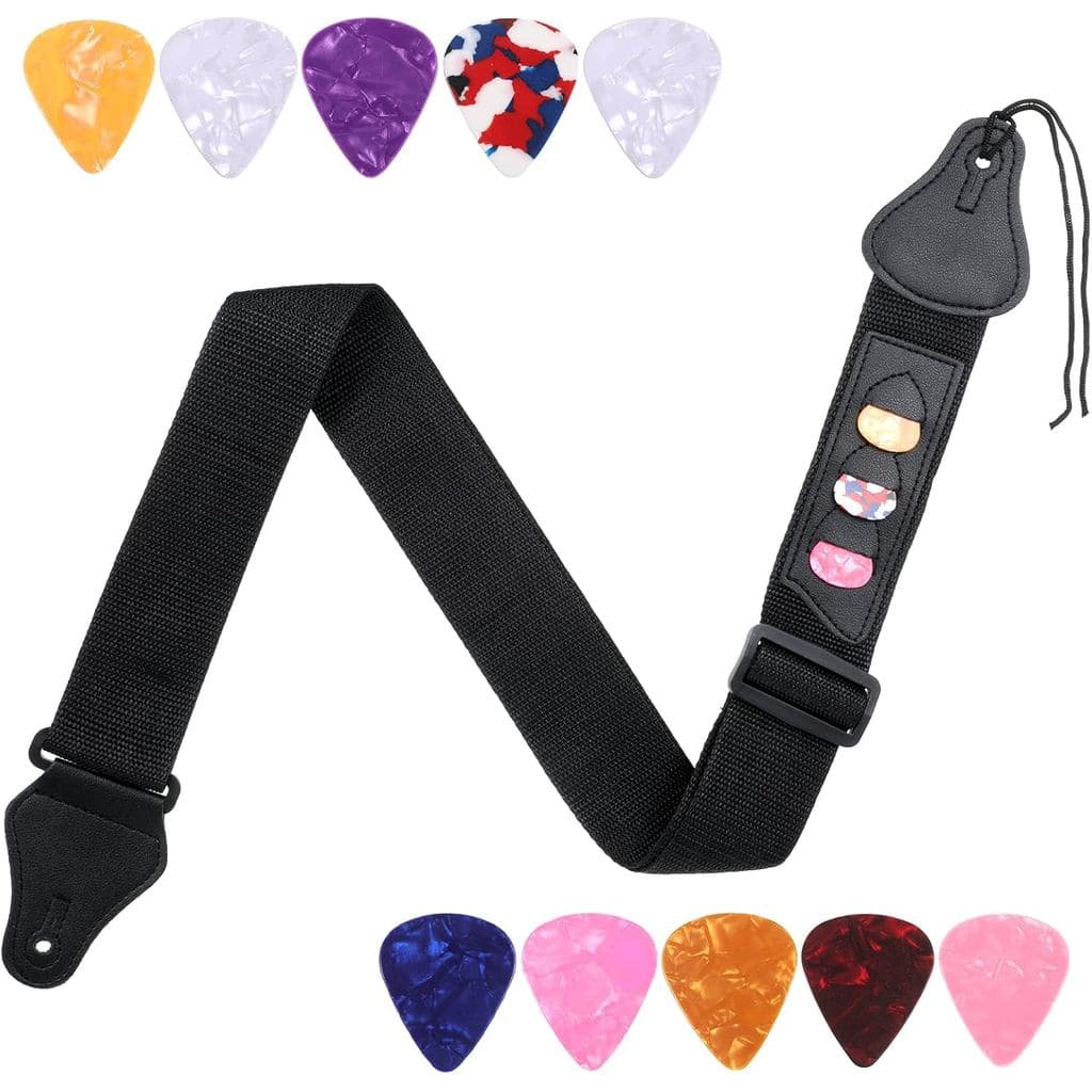 Correia de Guitarra Preta com 10 Palhetas, Correia para Baixo e Guitarra Elétrica, Acessórios para Guitarras Acústicas e