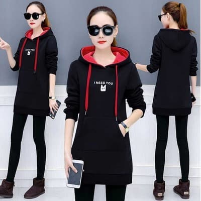 Outono moletom de comprimento médio feminino na moda ins versão coreana novo estilo com capuz forro de lã topo All-Match
