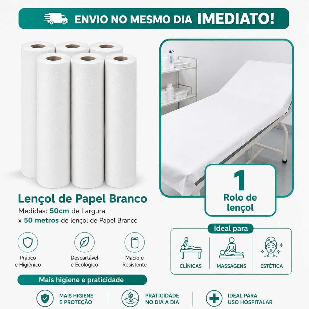 Rolo de Lençol hospitalar descartavel 50x50 - Branco unidade