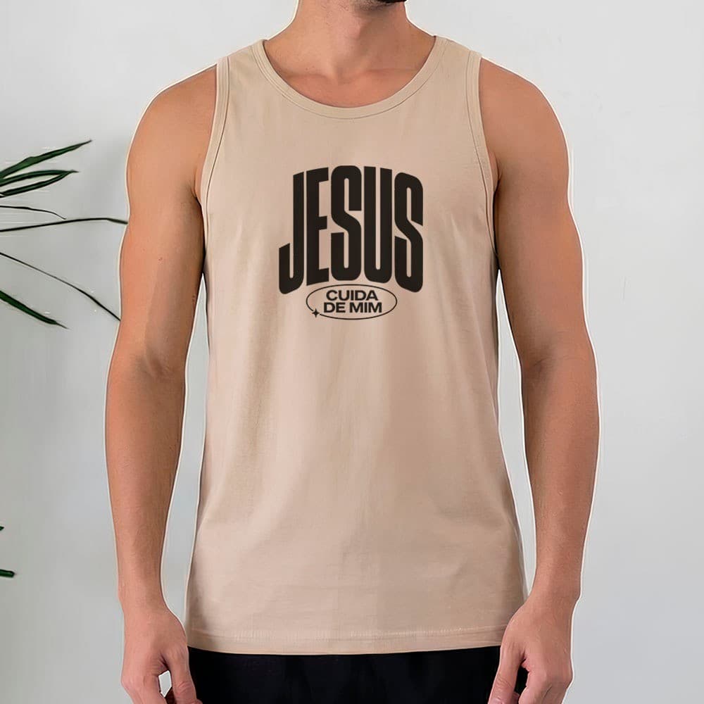 Regata Masculina 100% Algodão Estampa Jesus Cuida de Mim Mensagem de Fé Cristã Estilo Casual Diário