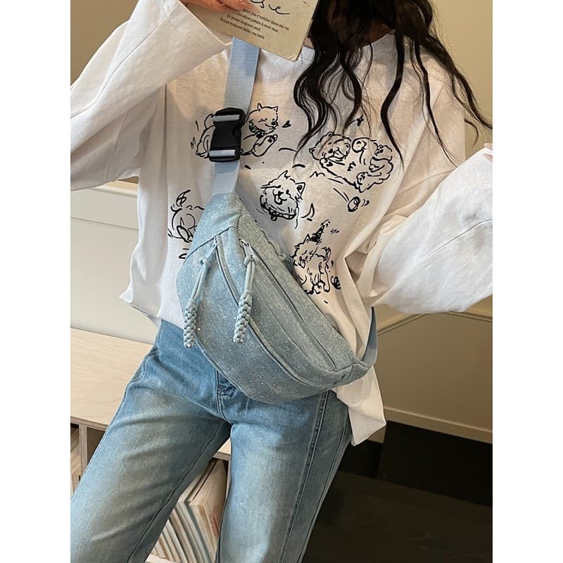 2026 novo estilo moda Casual simples Denim saco de peito feminino leve diamante-cravejado bolinho saco mensageiro All-Ma