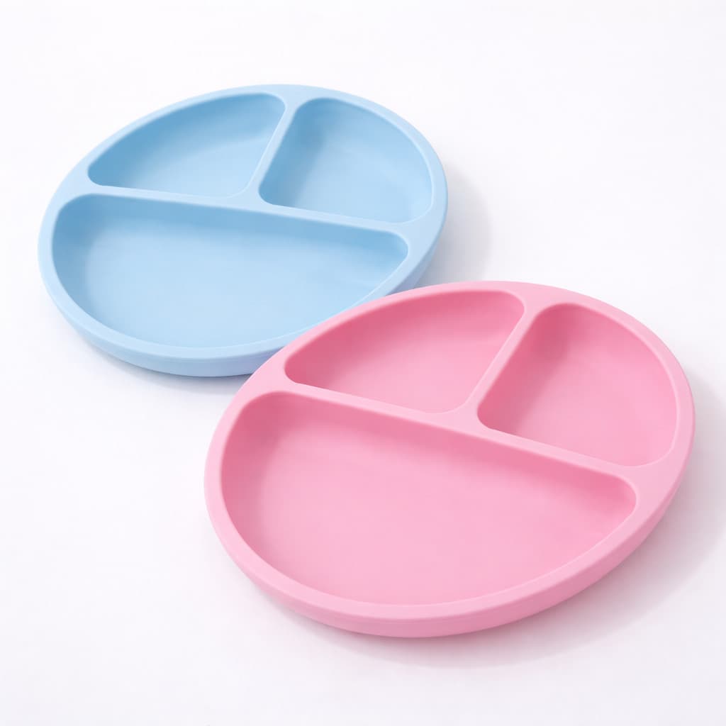Prato de Silicone Infantil com Ventosa e Separações para BLW Base Antiderrapante Azul ou Rosa