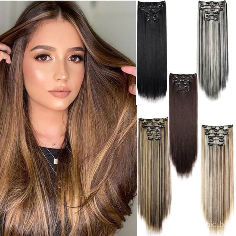 Extensões De Cabelo Preto Sintético Longo E Reto De 24 Polegadas 140g-6pcs Clip-In Ombre Resistente Ao Calor
