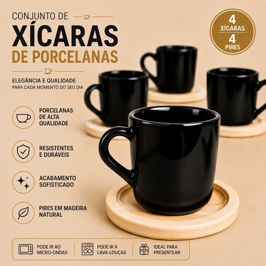 Kit 4 xicaras porcelana cafezinho com pires madeira linda premium servir mesa qualidade rapido envio