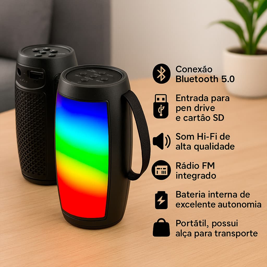 Caixa De Som Portatil Bluetooth Com Alça De Mão Som Amplificado Potente LED RGB USB SD Radio FM
