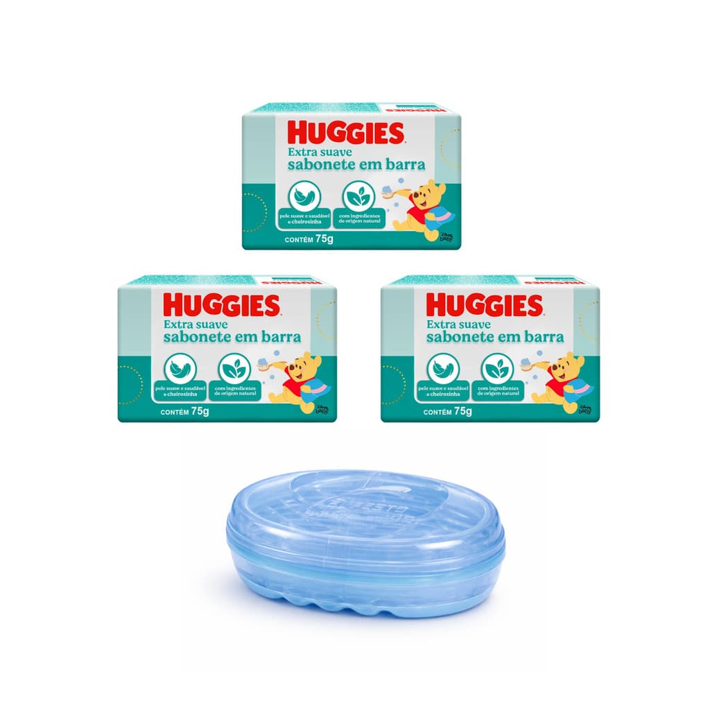 Kit 3 Sabonetes Huggies Extra Suave 75g + Saboneteira Menino Brinde | Fórmula Suave e Hipoalergênica