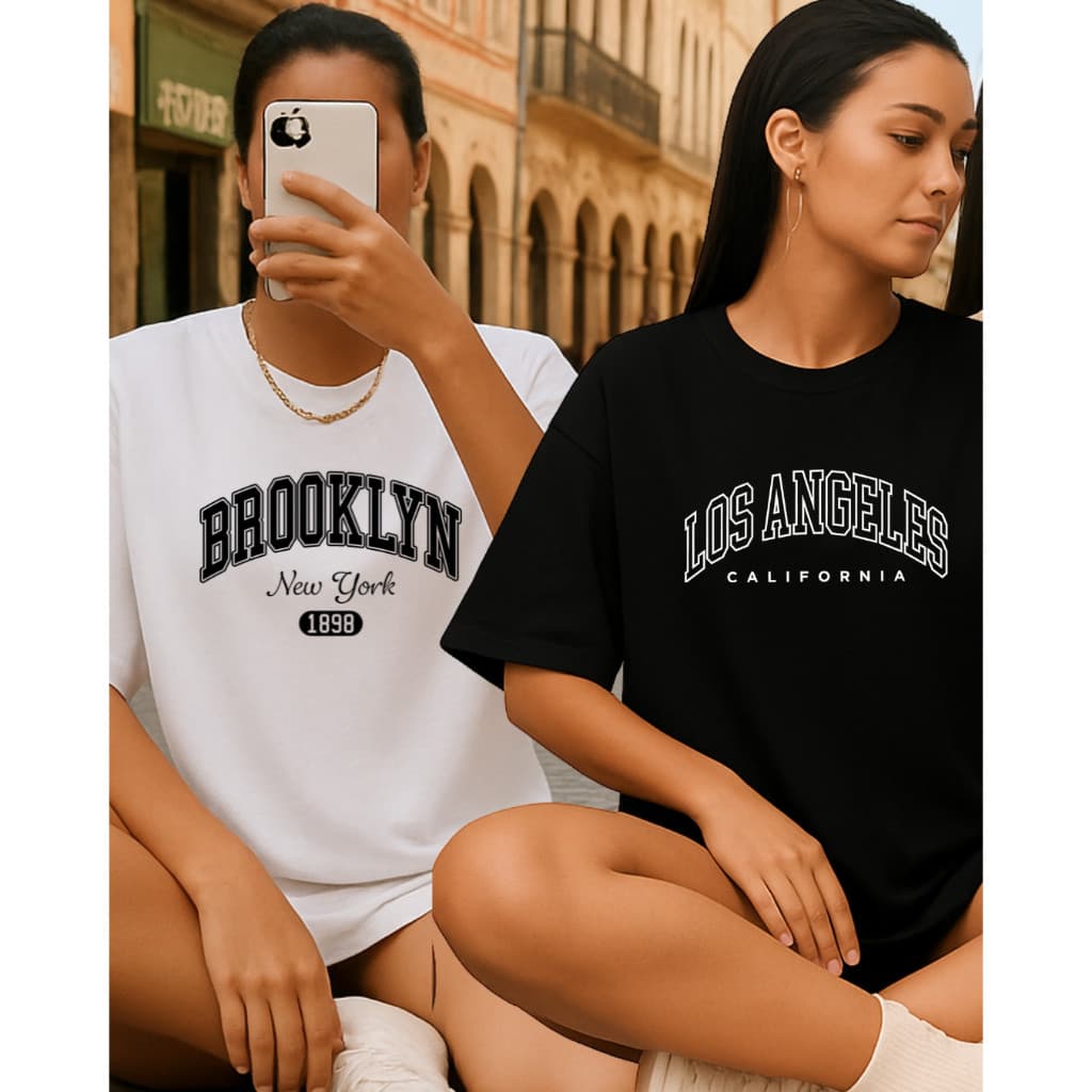 KIT 2 CAMISETAS - BROOKLYN NEW YORK 1898 + LOS ANGELES CALIFORNIA moda feminina street promoção